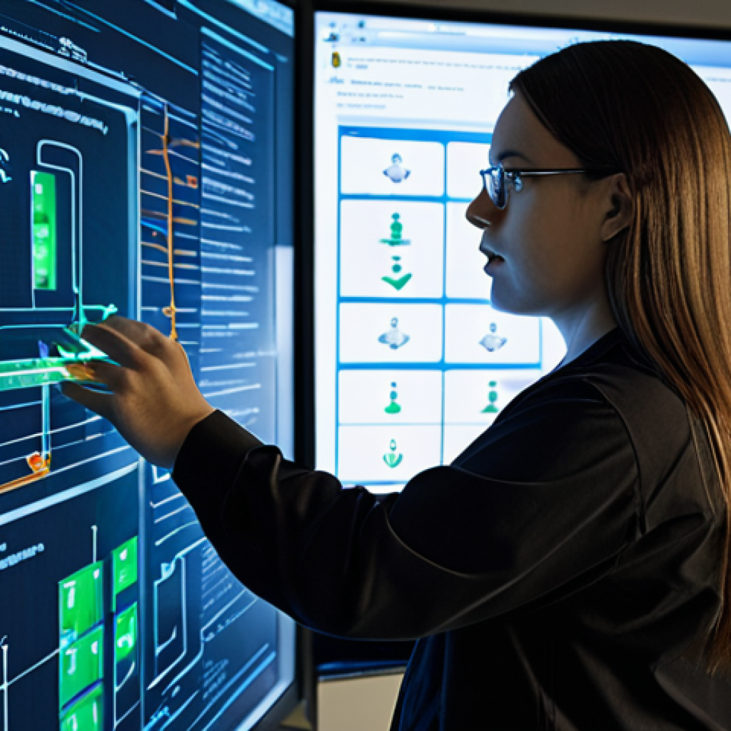 **

A technician meticulously inspecting a complex data pipeline diagram displayed on a large monitor.  Highlight the encryption protocols (AES-256, TLS) and access control layers represented in the pipeline.  Emphasize security with visual cues like padlocks and data streams flowing through guarded pathways.  A dimly lit server room setting with blinking lights.

**