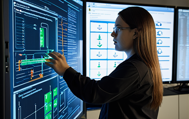 **
A technician meticulously inspecting a complex data pipeline diagram displayed on a large monitor. Highlight the encryption protocols (AES-256, TLS) and access control layers represented in the pipeline. Emphasize security with visual cues like padlocks and data streams flowing through guarded pathways. A dimly lit server room setting with blinking lights.
**