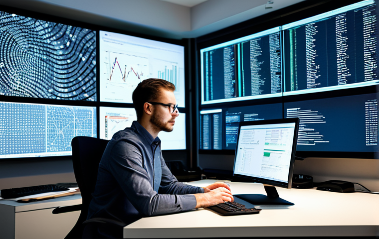 A professional data scientist, fully clothed in a modest business casual outfit, seated at a sleek modern desk. They are intensely focused on multiple large computer screens displaying complex Python code and intricate data visualizations of large datasets. The background reveals a clean, high-tech office environment with ergonomic design and subtle, abstract data patterns in the decor. The individual has perfect anatomy, correct proportions, and a natural pose, with well-formed hands, proper finger count, and natural body proportions. Professional photography, high quality, studio lighting, professional, safe for work, appropriate content, fully clothed.