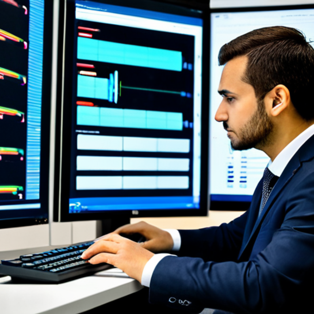A focused Big Data Engineer, fully clothed in a modest professional business suit, is seated at a sleek, ergonomic desk in a state-of-the-art data center control room. Large, multi-monitor displays in the background show intricate Python code snippets for Apache Spark and Airflow DAGs, alongside visual representations of data pipelines and server racks. The engineer is looking thoughtfully at a screen displaying an optimized ETL workflow, with well-formed hands resting on the keyboard. The environment is clean, brightly lit, and modern, symbolizing efficiency and advanced technology. The pose is natural, showcasing perfect anatomy and correct proportions. This is a professional corporate portrait, high quality, appropriate attire, safe for work, appropriate content, family-friendly.