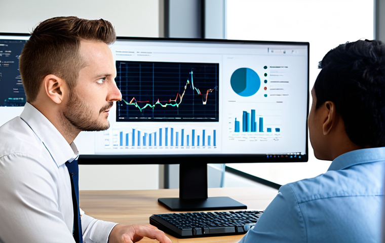 **
A data scientist, fully clothed in a professional and modest business casual outfit (button-down shirt, khakis), analyzes a complex data visualization on a large monitor in a brightly lit, modern office. The office is filled with other professionals working collaboratively. Focus on the details of the data visualization, hinting at patterns and insights. Perfect anatomy, correct proportions, natural pose, well-formed hands, proper finger count. Safe for work, appropriate content, professional, family-friendly.
**