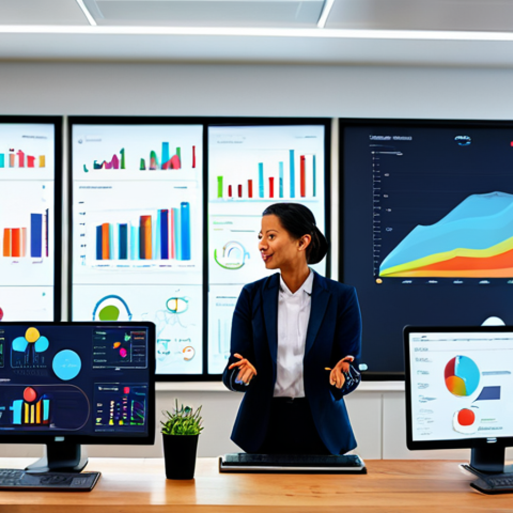 빅데이터와 비즈니스 인텔리전스 - Data Visualization Dashboard**
"A brightly lit, modern office space. A diverse team of professional...