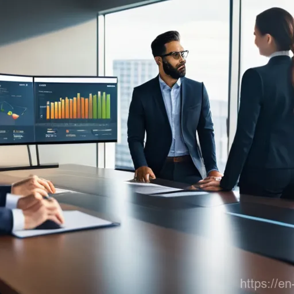 빅데이터 기술자의 분석 결과 발표 스킬 - **Image Prompt: Dynamic Data Visualization in a Modern Boardroom**
"A diverse group of five busi...