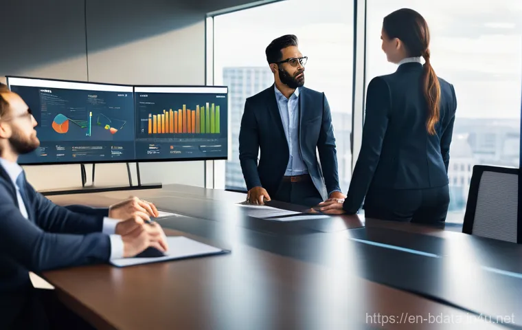 빅데이터 기술자의 분석 결과 발표 스킬 - **Image Prompt: Dynamic Data Visualization in a Modern Boardroom**
"A diverse group of five busi...