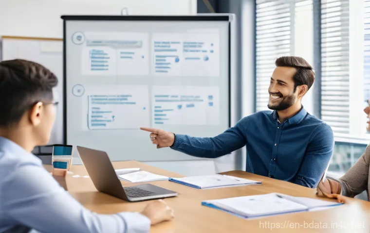 빅데이터 기술자의 멘탈 관리 - **Prompt:** A diverse group of big data professionals (men and women, 20s-40s) in a modern, well-lit...