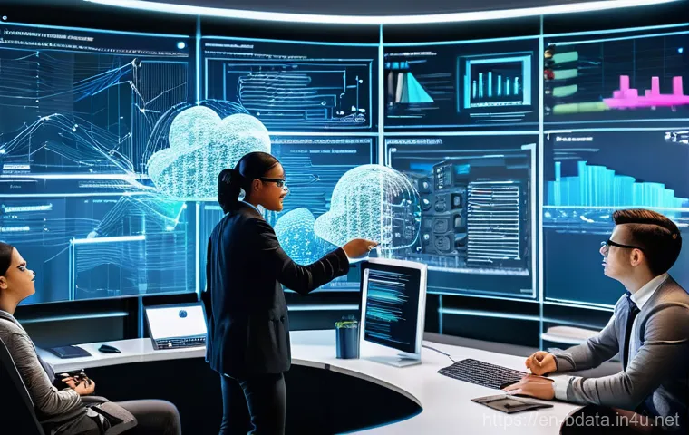 빅데이터 기술자와 데이터 처리 - **Prompt:** A group of diverse, professionally dressed data engineers (men and women) are collaborat...