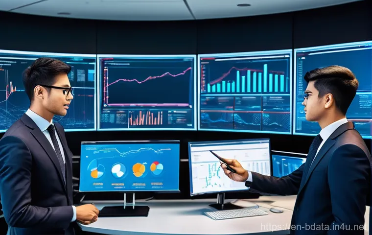 빅데이터 기술자와 데이터 처리 - **Prompt:** A skilled female Big Data Engineer sits at a sophisticated workstation, surrounded by gl...