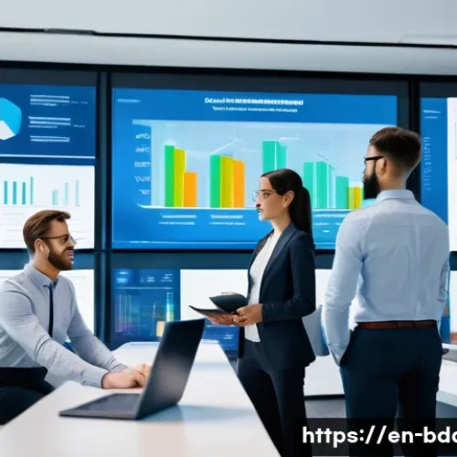 빅데이터와 개인정보 보호법 - A modern corporate office scene showcasing a diverse team of business professionals analyzing large ...