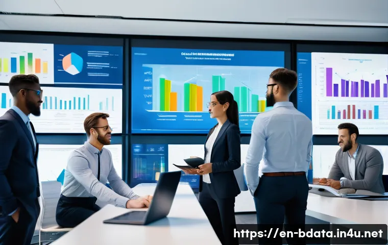 빅데이터와 개인정보 보호법 - A modern corporate office scene showcasing a diverse team of business professionals analyzing large ...