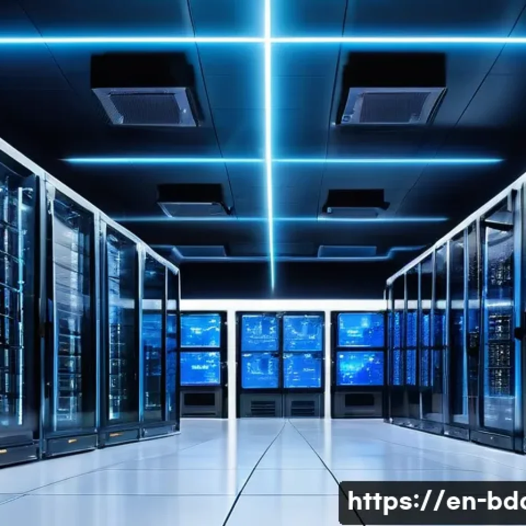 빅데이터 실무에서 로컬 및 클라우드 데이터 활용 - A modern data center room with rows of sleek on-premises servers and high-performance SSD storage ar...