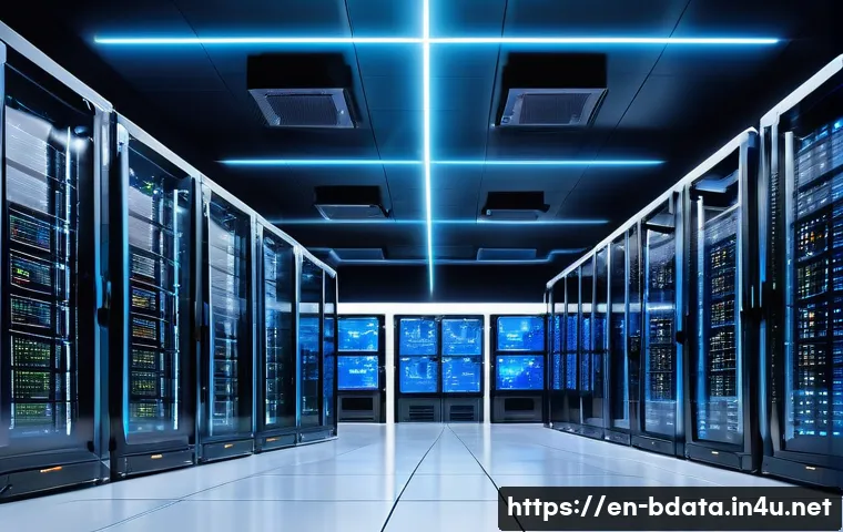 빅데이터 실무에서 로컬 및 클라우드 데이터 활용 - A modern data center room with rows of sleek on-premises servers and high-performance SSD storage ar...