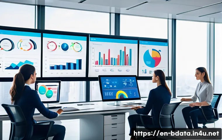 빅데이터 실무에서 실시간 데이터 분석 도구 - A modern corporate office environment featuring a diverse team of professionals analyzing real-time ...