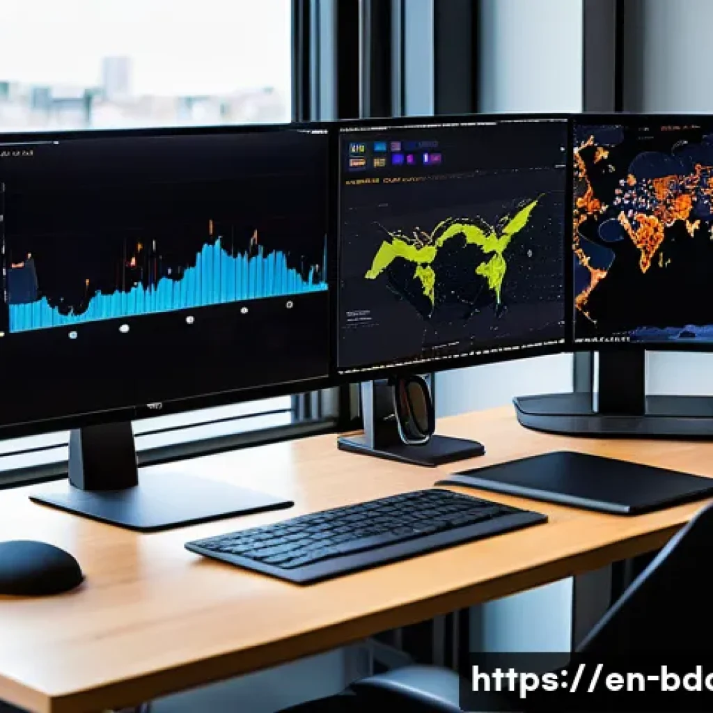 빅데이터 학습을 위한 데이터셋 추천 - A modern data scientist workspace featuring a large curved monitor displaying colorful, interactive ...