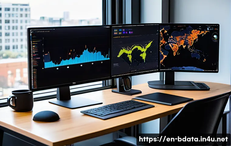 빅데이터 학습을 위한 데이터셋 추천 - A modern data scientist workspace featuring a large curved monitor displaying colorful, interactive ...