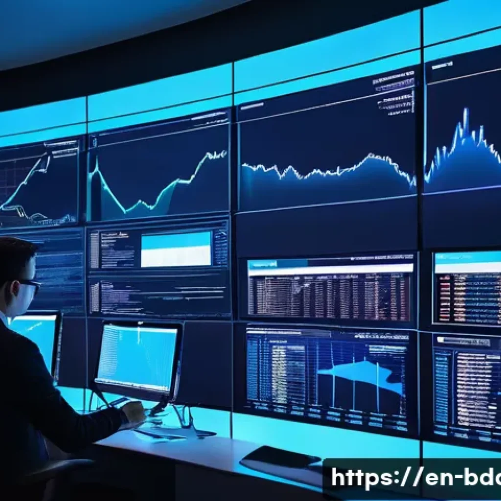 빅데이터 실무 경험담 - A futuristic data operations center filled with multiple large transparent digital screens displayin...