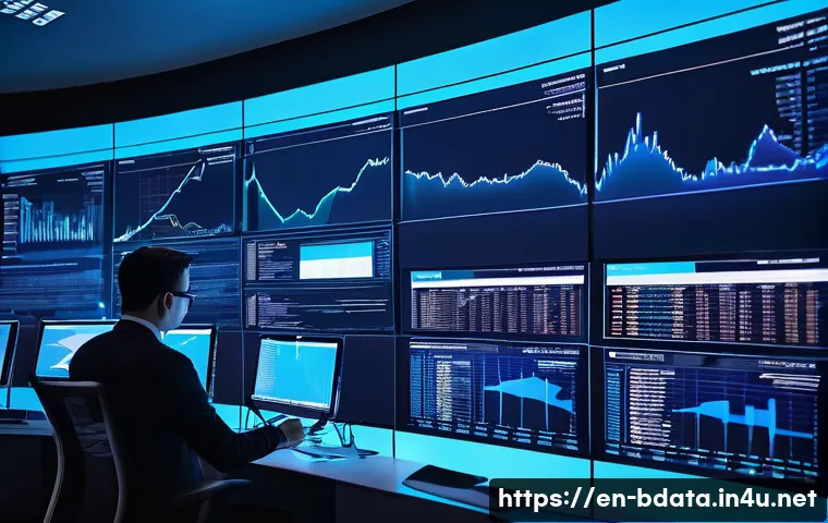 빅데이터 실무 경험담 - A futuristic data operations center filled with multiple large transparent digital screens displayin...