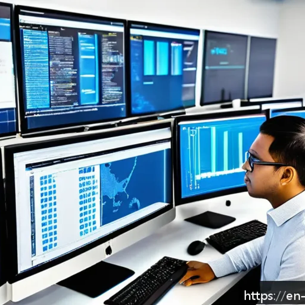 빅데이터 학습 로드맵 - A modern data engineer working intently at a sleek, well-organized workstation filled with multiple ...