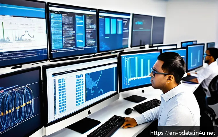 빅데이터 학습 로드맵 - A modern data engineer working intently at a sleek, well-organized workstation filled with multiple ...