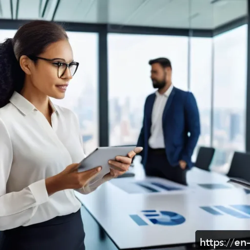 빅데이터 기술자의 경력 전환 성공 사례 - A confident, professional mid-30s businesswoman standing in a modern office conference room, leading...