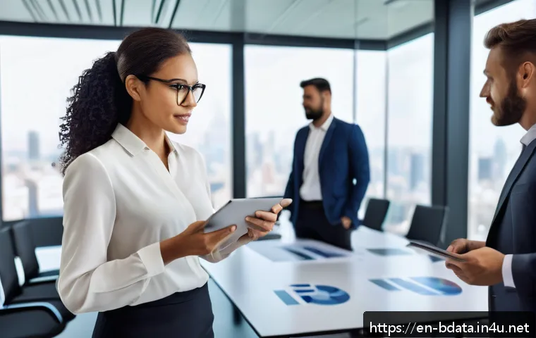 빅데이터 기술자의 경력 전환 성공 사례 - A confident, professional mid-30s businesswoman standing in a modern office conference room, leading...