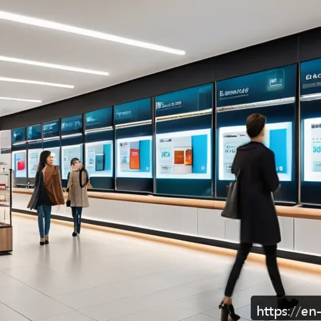 빅데이터 실무에서 데이터 마이닝 성공 사례 - A modern retail store scene with diverse customers interacting with personalized digital screens dis...
