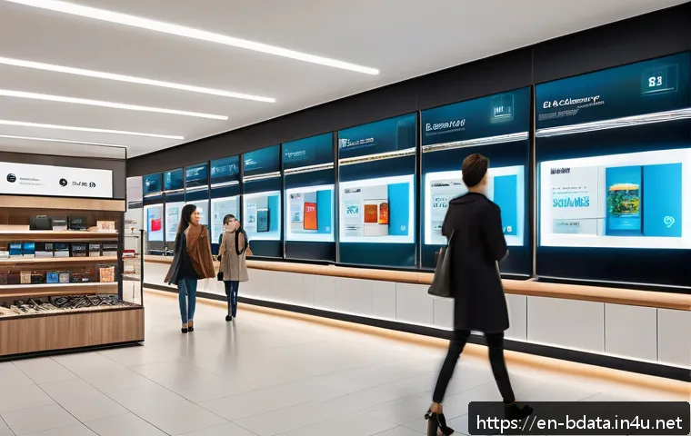 빅데이터 실무에서 데이터 마이닝 성공 사례 - A modern retail store scene with diverse customers interacting with personalized digital screens dis...