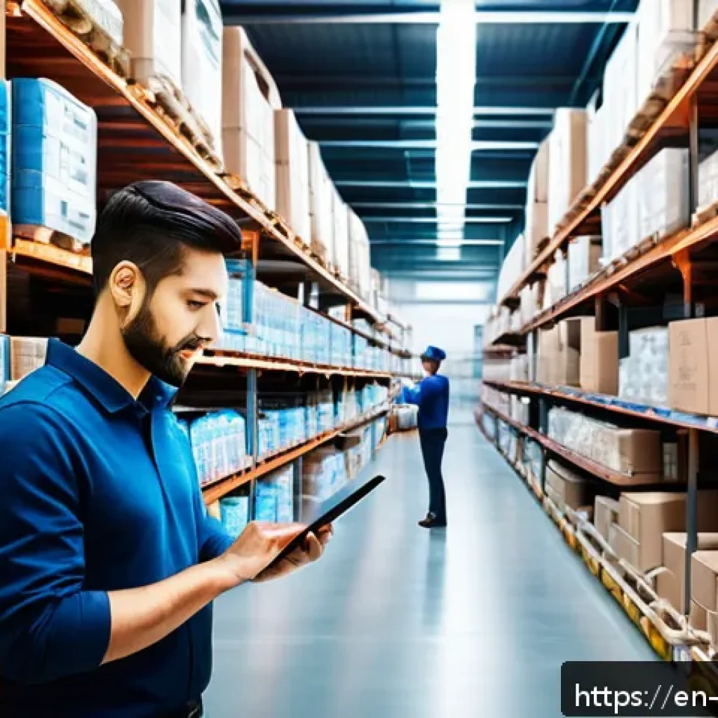 빅데이터 기술자와 데이터 자동화 사례 - A modern retail warehouse interior bustling with activity, showing diverse employees using tablets a...