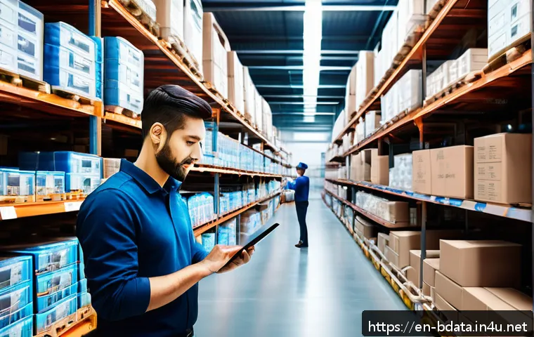 빅데이터 기술자와 데이터 자동화 사례 - A modern retail warehouse interior bustling with activity, showing diverse employees using tablets a...