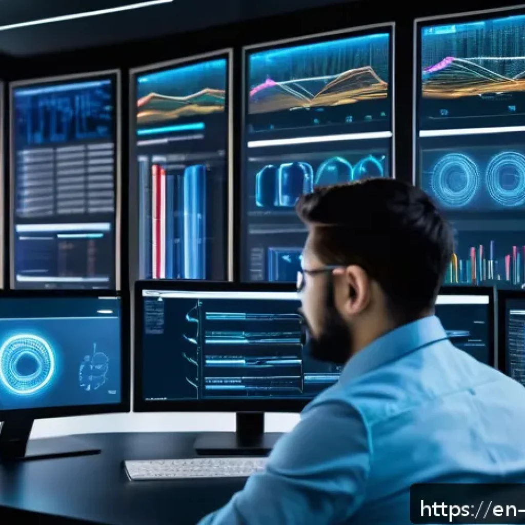 빅데이터 기술자와 데이터 사이언티스트의 차이 - A detailed, futuristic office scene showing a Big Data Engineer at work: a focused professional wear...