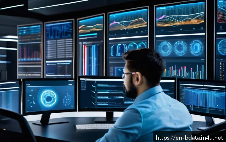 빅데이터 기술자와 데이터 사이언티스트의 차이 - A detailed, futuristic office scene showing a Big Data Engineer at work: a focused professional wear...