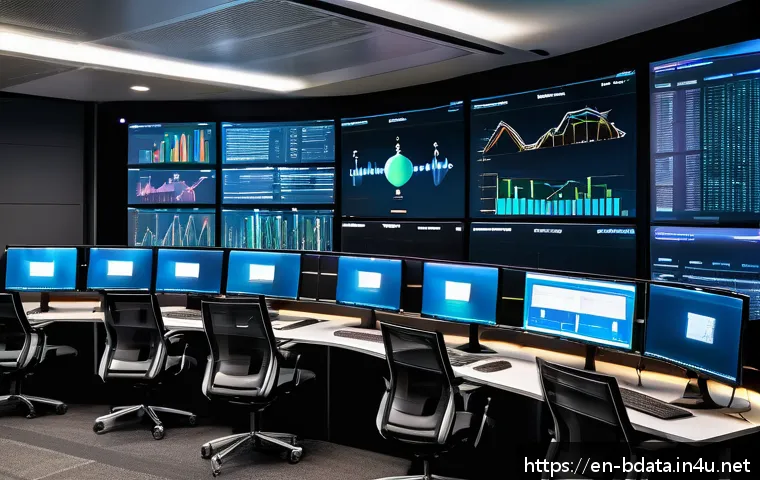 빅데이터 기술자의 데이터 흐름 설계 - A high-tech data operations center with multiple large screens displaying real-time data pipelines, ...