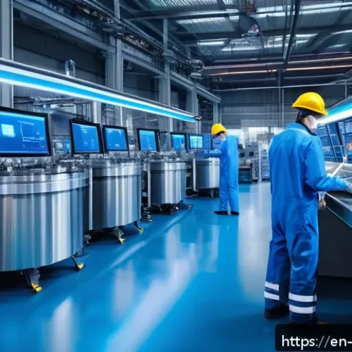빅데이터와 IoT 데이터 통합 사례 - A modern manufacturing factory floor with high-tech IoT sensors visibly attached to industrial machi...