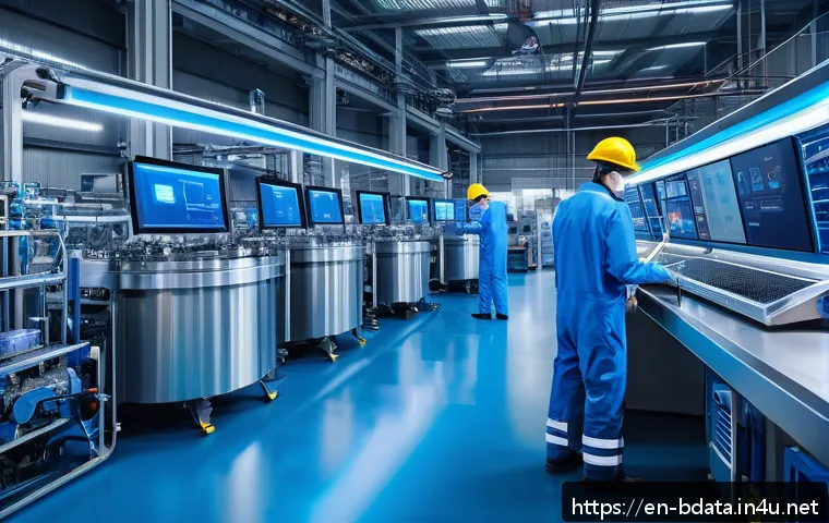 빅데이터와 IoT 데이터 통합 사례 - A modern manufacturing factory floor with high-tech IoT sensors visibly attached to industrial machi...