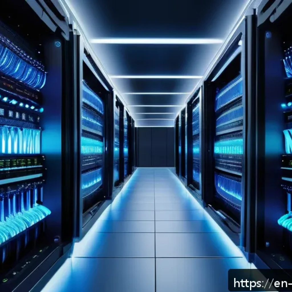 빅데이터 기술자와 데이터 웨어하우스 - A futuristic data center interior showcasing rows of sleek, modern servers and nodes interconnected ...