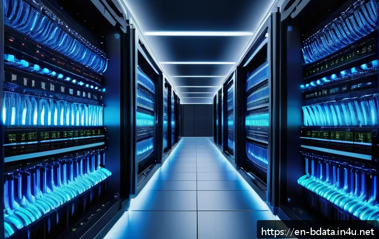 빅데이터 기술자와 데이터 웨어하우스 - A futuristic data center interior showcasing rows of sleek, modern servers and nodes interconnected ...
