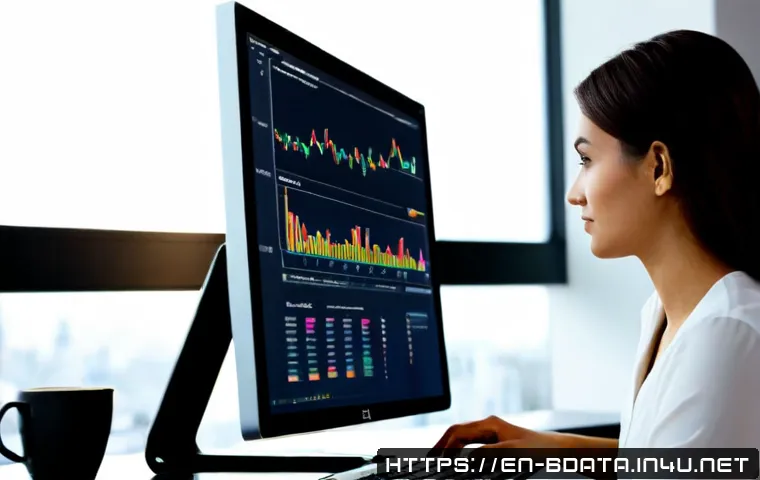 Home 15 빅데이터 실무에서 데이터 탐색적 분석 활용 - Photorealistic modern business analytics workspace, diverse data analyst examining a large monitor w...