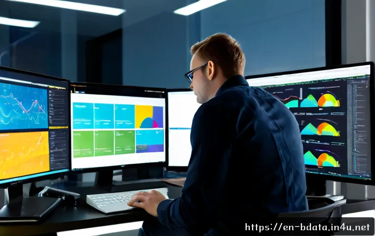 빅데이터 기술자 직무 분석 - Photorealistic big data engineer at a modern analytics workstation, diverse professional reviewing c...